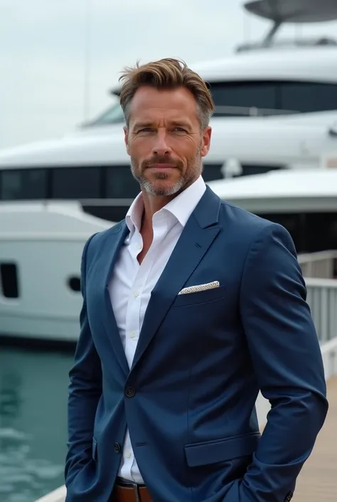 A man in his 40s,  standing in front of the yacht, dressed stylishly , eyes are blue, hair is light brown,there is stubble,  large build, I dont have anything in my hands, successful,  attractive, sports