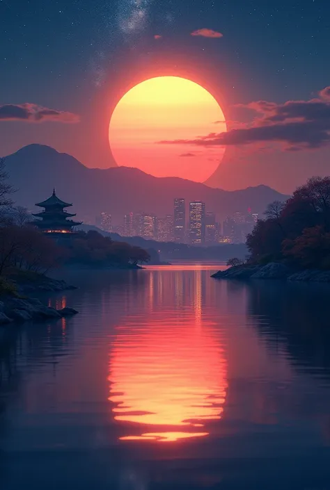 With a large lake and Japanese castle in the background、 Scenery of a huge sunset floating in a low position 。 building is very big and bright 、 the office lights are lit against the backdrop of the city buildings at night 。 the sunset is orange 、 and the ...