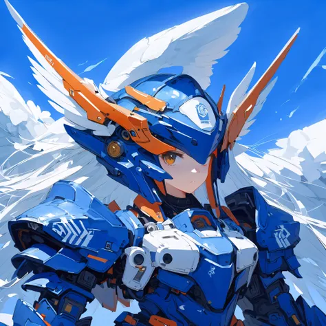 ((celluloid)),Mecha musume,a woman in a futuristic outfit is floating in the air 使用一个 sword in her hand 使用一个 sky and clouds and blue background with white clouds and blue and orange lines and white,使用一个,约瑟夫·斯特拉,Mecha,portrait,Rayonism,