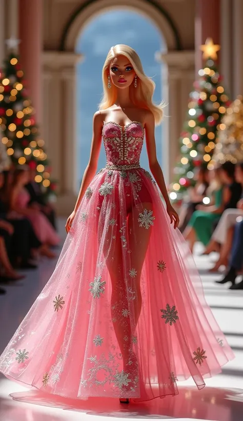 Barbie parading on a stunning fashion runway wearing a unique Christmas-inspired dress.  full body image.