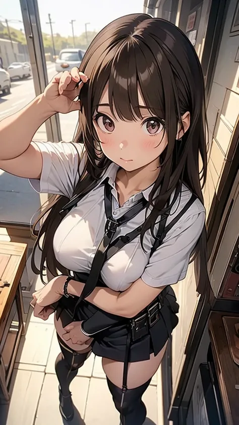 Brown hair、watching at viewers　　　black suspenders　　　Bulging big breasts　　 　 　　　walls: 　Black miniskirt　garters　　　　　　Gaze　　　Small face　bangss 　　　holster　　　Beautuful Women　　hands up　　レッグholster ベッドに横たわる　　Gaze 　black boots panty shot　provocation　flank　flank汗　...