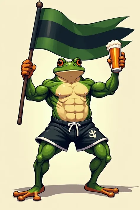 A muscular frog in drawing-shaped shorts holding a green and black flag and a beer