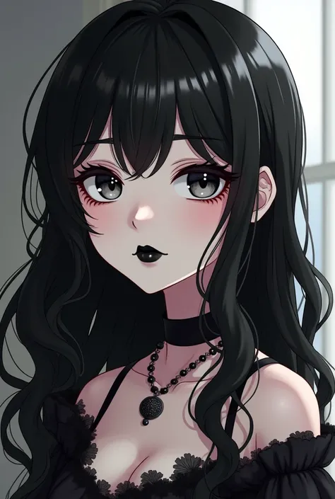 Middle long, middle wawy haired cute woman with half goth half e girl make up. Anime girl. She look young like in her 15-17 for make up use only white and black. Her eye Surroundings are black with make up and her skin is white make up