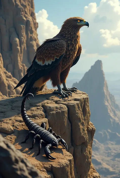 A fierce eagle perched on a rocky cliff, its sharp talons gripping the edge as it scans the horizon with piercing eyes, wings slightly spread. Nearby on the sunlit ground, a scorpion crawls over the rugged terrain, its barbed tail poised and glistening wit...