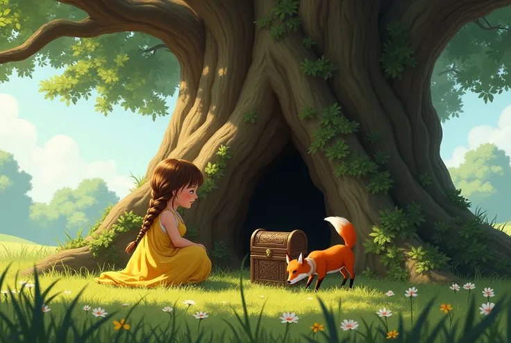 Maya is a little baby girl She is wearing a large yellow dress and her long brown hair is braided. A massive oak tree with a hollow at its base. The fox paws at the hollow, while Maya kneels beside it. She is pulling out a small, intricately carved wooden ...