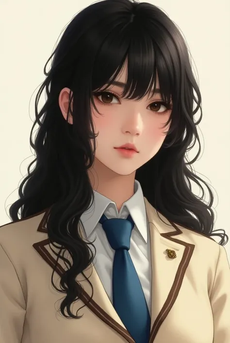  Make a picture of a character named Vianne who has pretty long dark black hair that is in the outlets and has elegant bangs covering half of her forehead. Has dark brown eyes .  Using a cream white school shirt with brown elements and a blue tie . And has...