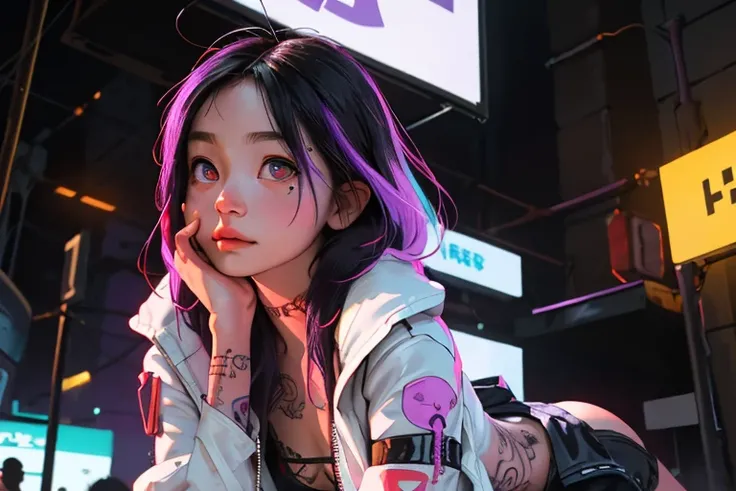 ((best quality , high quality)) , cute detailed face,  Lucyna Kushinada in Cyberpunk, realistic, photorealistic, best quality, good anatomy, cowboy shot, close-up, Short and white with pastel rainbow-colored tips hair, mechanical eyes, ((purple sclera)), (...