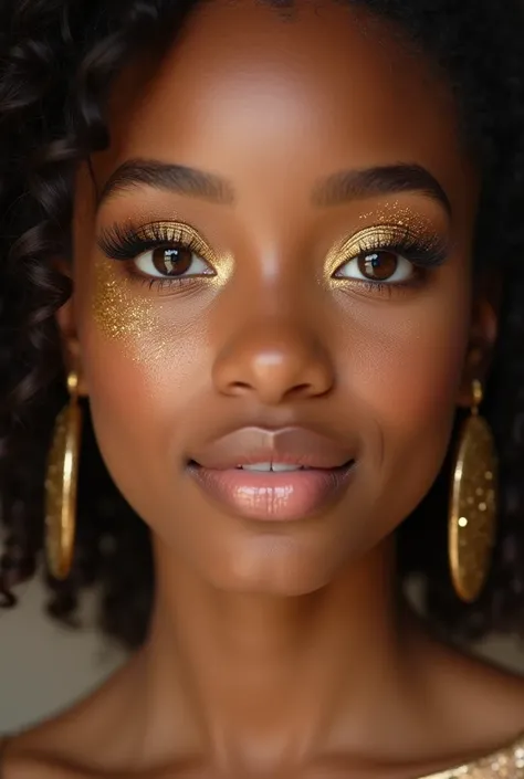 Close-up photo of a wonderful face of a 14-year-old black girl, brown eyes, with wonderful makeup, sun-tanned skin, golden tones with glitter only on the eyes, shiny gold lipstick marking her lips, large, well-shaped eyelashes. eyeliner, makeup on your smo...