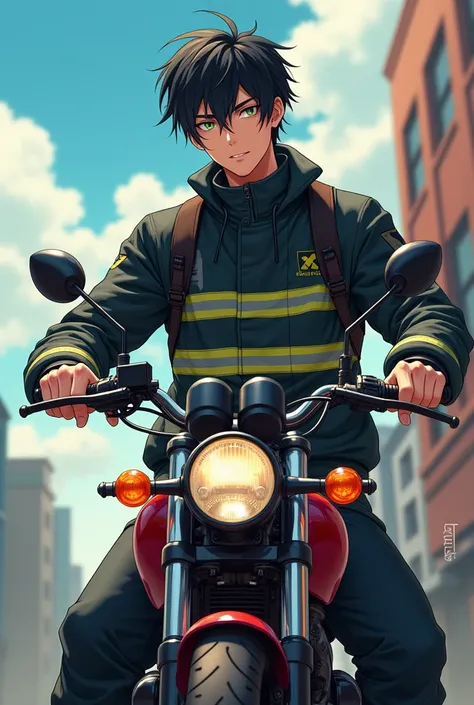  I would like .. anime..... is an adult man ...black haired .unfurled  ..Korean .  Verdagua eye ... high..  attractive sexy boy ..  age 26 years  .  full body... full body de pie a cabeza.. firefighters clothing .on a motorcycle..