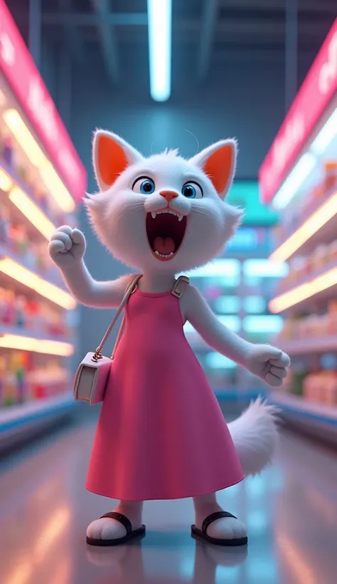 cinematic 3D style, HD image, realistic image ,colorful image 
Character,A white Lina female cat with white hair up to waist and orange ears,The cat is wearing a long pink dress and and High heel black sandal,A white purse is slung over the shoulder
Action...