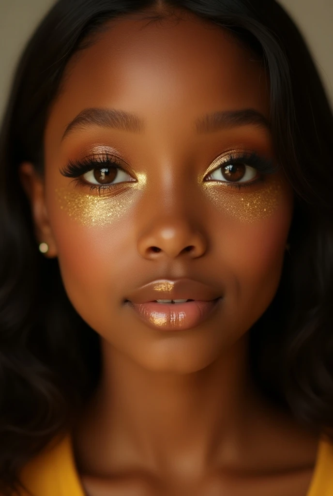 Close-up photo of a wonderful face of a 14-year-old black girl, brown eyes, with wonderful makeup, sun-tanned skin, golden tones with glitter only on the eyes, shiny gold lipstick marking her lips, large, well-shaped eyelashes. eyeliner, makeup on your smo...