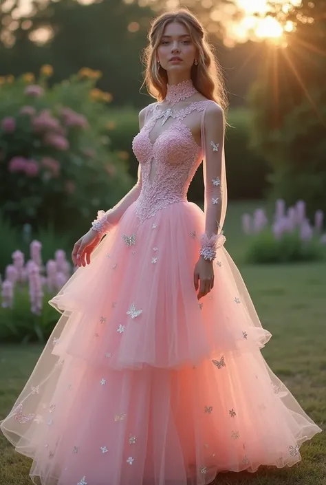 A stunning high-neck dress in a soft pastel pink shade, designed with a whimsical and magical aesthetic. The high neckline features intricate lace detailing, adorned with tiny pearl accents. The dress has sheer, long sleeves with delicate butterfly embroid...