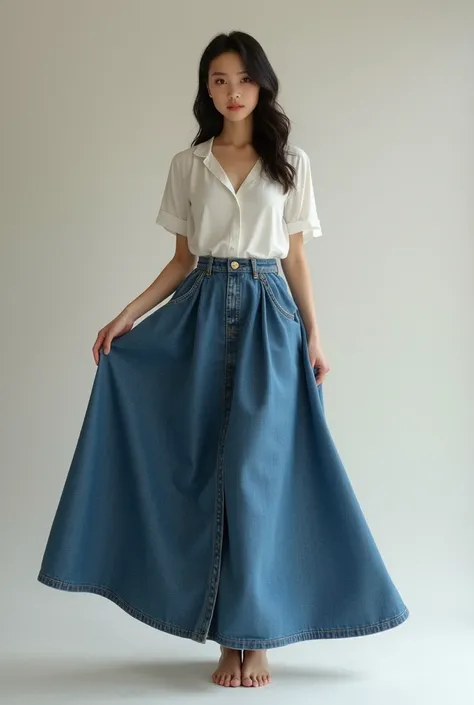 Woman holding the front part of a long denim skirt with her hand.