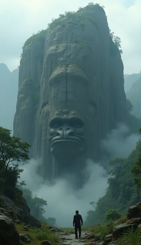   realistic pictures of towering mountains 。Huge ,   The face of an ancient gorilla is engraved on the side  .   The surface has been weathered and overgrown with moss and small plants ,  and timeless , Mysterious Appearance. Fog surrounding the mountains ...