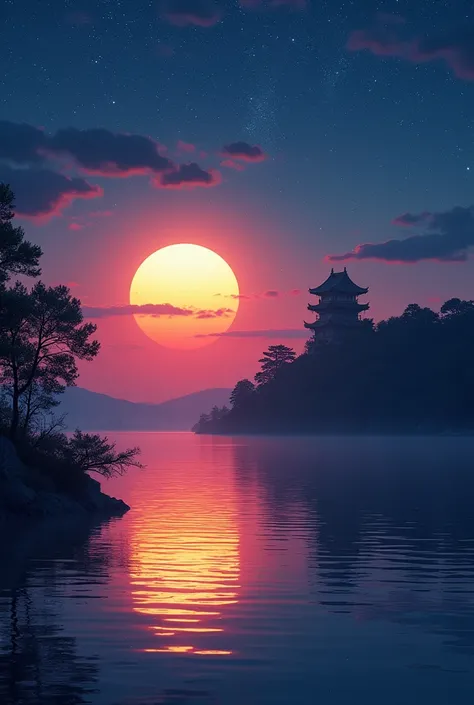 With a large lake and Japanese castle in the background、 Scenery of a huge sunset floating in a low position 。There is a light in the window。 the sunset is orange 、 and the 。The night sky is blue and dark and the stars are shining 、 The sunset and stars ar...