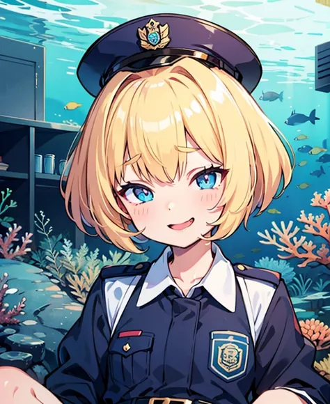 Japanese police officer、 her eyes are drooling ,
Cute,  detailed face ,  detail eyes sitting on a coral reef, 
Blonde,
Bob Hair,
 blue eyes,
very small breasts
The background is the city