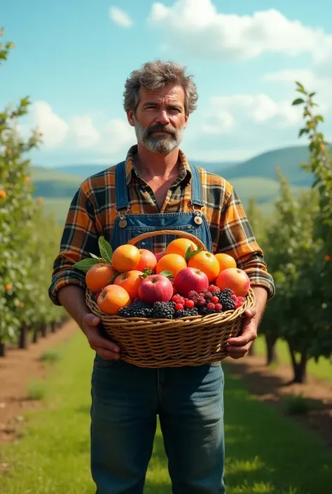 Ultra-realistic image of a farmer with various fruits in the basket