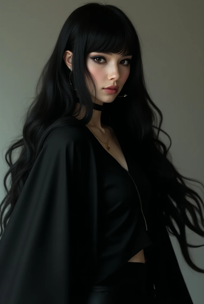 1girl,long hair, black hair, short open bangs, long eyelashes, black cape on the shoulders, black boot heels, black eyes, one piece style, hoop earrings, high
