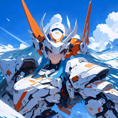 ((celluloid)),Mecha musume,a woman in a futuristic outfit is floating in the air 使用一个 sword in her hand 使用一个 sky and clouds and blue background with white clouds and blue and orange lines and white,使用一个,约瑟夫·斯特拉,Mecha,portrait,Rayonism,