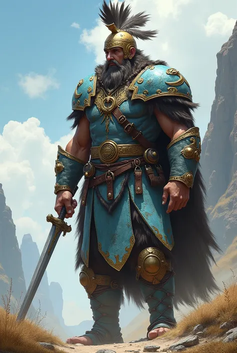 Create me a picture of a warrior whose armor is a combination of light blue and bronze, Take feathers in and give him a Viking look.  He wears leather armor and is a shaman, as well as warlord .
Give me several examples