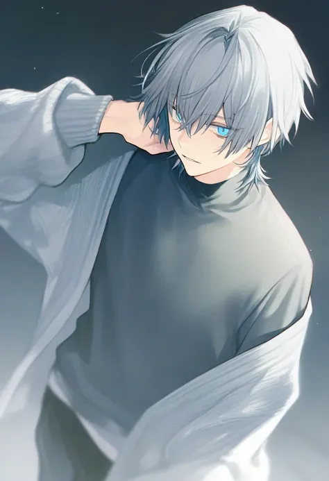 a young boy with ((black and gray gradation hair)), blue eyes, cardigan, wide pants, calm expression