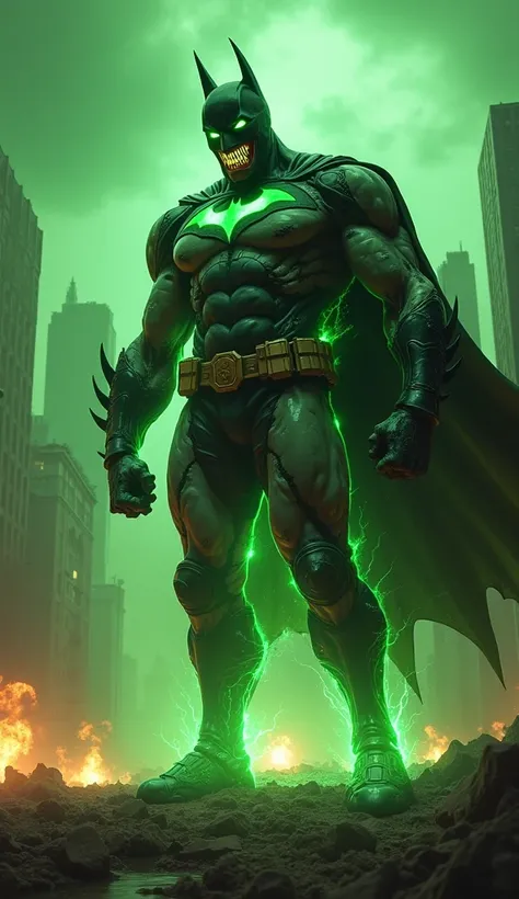 In this picture, Batman appears in a horrific form after his transformation into a nuclear monster. . . The general character of the picture reflects chaos and cosmic destruction, with Batman, who is now an uncontrolled nuclear force, effective in destroyi...