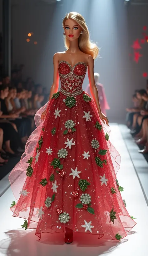 Barbie parading on a stunning fashion runway wearing a unique Christmas-inspired dress. full body image.