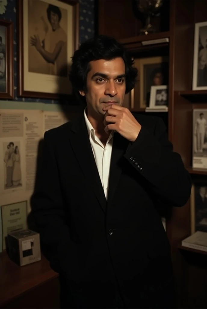 A dimly lit room with soft, warm lighting. In the center, Bangladeshi Hero Salman Shah stands leaning against a wooden bookshelf, a contemplative look on his face, his hand lightly touching his chin. He wears a stylish yet simple black jacket over a white ...