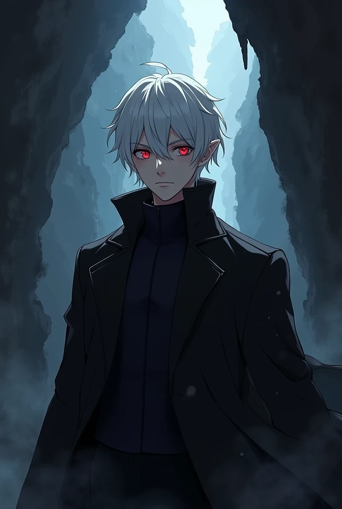  Young 18 man with white hair red eyes 
With black jacket, Living in a Cave anime