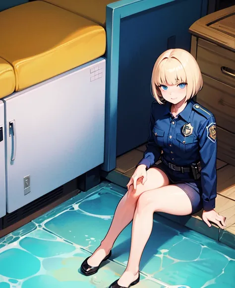 Police Officer,  detail eyes sitting on a coral reef, 
Blonde,Bob Hair, blue eyes,very small breasts
Background police box