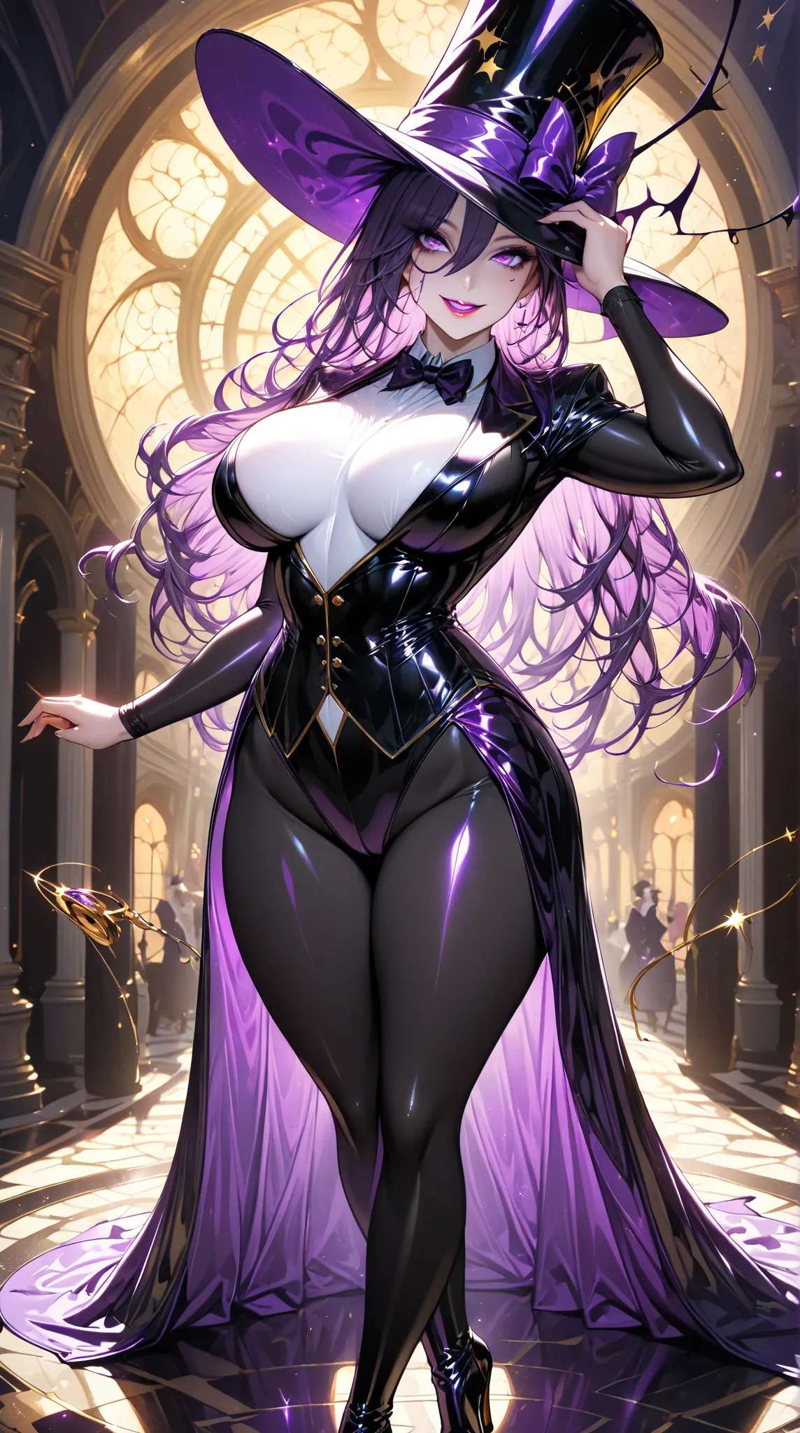  1 mature beautiful woman ,( best quality, very detailed depiction, incredibly absurd high definition,Curvaceous Body),(A bewitching woman is dressed as a magician:1.3),( magician costume , tuxedo, white shirt,Bow tie,Top Hat:1.3, leotard,latex, black tigh...