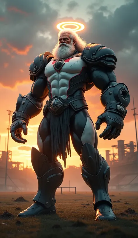 Imposing a fierce beast humanoid hybrid, a fusion of Santo Paulo (São Paulo mascot) and the Orca (Santos mascot).
Position: Standing in a powerful, dominant stance.
Complete Scene: A dramatic confrontation on a post-apocalyptic football field with shattere...