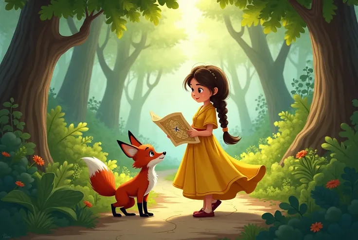 Maya is a little baby girl She is wearing a large yellow dress and her long brown hair is braided. Maya studies the map, which shows the forest and a path leading to an X. The fox stands beside her, wagging its tail. Behind them, the forest seems alive wit...