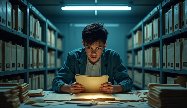  A 25-year-old boy is in an old file room,  surrounded by metal shelves filled with folders and documents .  He carefully examines an open folder on a table , with papers scattered .  The lighting is cold ,  with fluorescent lamps ,  creating an environmen...