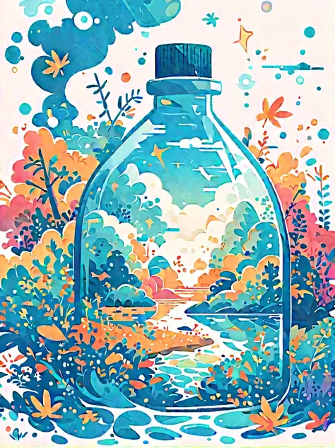 (flat, user interface vector style), (  A world in a bottle ), Illustration,  cosmetic bottle  , Autumn Tree々Surrounded by , Blue sky background, water, sunlight,    high detail,   High Quality  . illumination, Mysterious, Night Sky, (  clear crystal bottl...