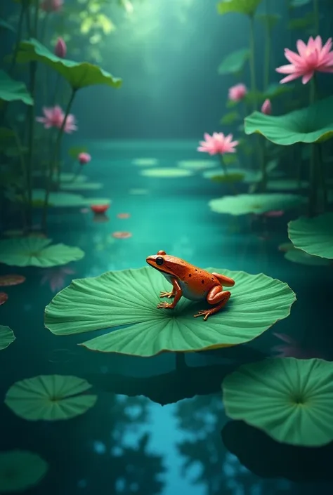  in a blue-green lake filled with lotus flowers and lotus leaves. on top of one of the lotus leaves is a poisonous frog  