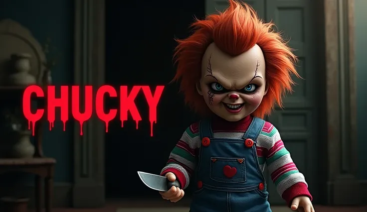 "An ominous, scarred doll with fiery red hair and a devilish grin holds a sharp knife in a dark, spooky room. The doll is dressed in a striped sweater and overalls, illuminated dramatically against the shadowy background. The bold red text CHUCKY adds to t...