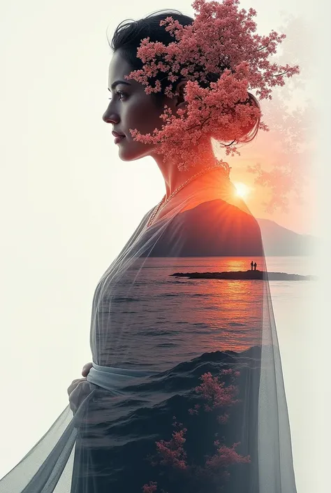 high quality, 8K Ultra HD, A beautiful double exposure that combines an goddess silhouette with sunset coast, sunset coast should serve as the underlying backdrop, with its details incorporated into the goddess , crisp lines, The background is monochrome, ...