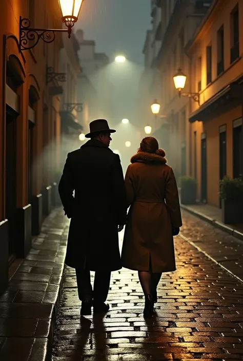 A hyper-realistic photo of a 1950s Montmartre scene with a couple strolling side by side down a narrow cobblestone street at night. The man is wearing a vintage winter coat and a fedora, while the woman is wearing a fur coat and a scarf. There is steam ris...