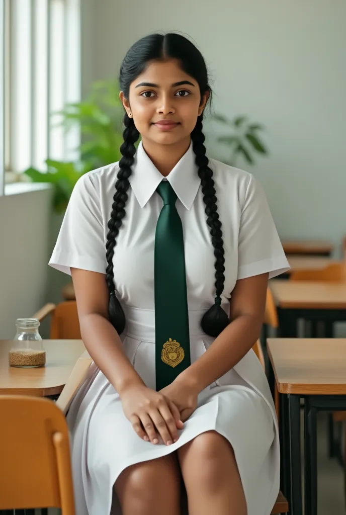 beautiful cute sri lankan school girl, in barefoot, large breast size , 20 years old, wearing a white frock and a dark green tie...