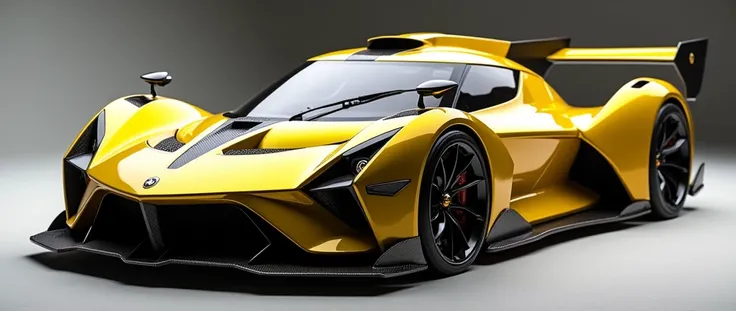 Cette hypercar au design agressif arbore une carrosserie anguleuse jaune métallique avec des lignes tendues et des arêtes nettes. Les phares avant, en forme de L inversé, sont fins et perçants. Les rétroviseurs sont profilées montées sur des bras aérodynam...