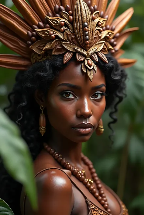 a beautiful woman with dark skin, deusa maia ixcacao, goddess of chocolate, fertility, abundance and agriculture, cocoa beans, melted chocolate, intricate headdress, detailed face, piercing eyes, lush foliage, vibrant colors, (best quality,4k,8k,highres,ma...