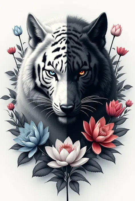 A head half white tiger with blue eyes and a set wolf with red eyes and orchid lily., lotus, le crocus et le Cattleya) Around. All in black and white except for the eyes  