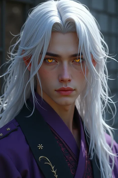 Young man, about 20 years old, long white hair, slightly dark/brown skin, yellow eyes and black pupils, oriental clothes with a little purple