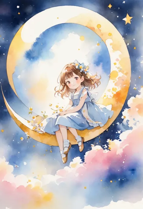 Woman sitting on the crescent moon facing the viewer、 watercolor style 