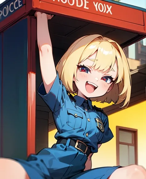 Police Officer,Blonde,Bob Hair, blue eyes,very small breasts
Background police box, open your mouth , Red eyes,  show your teeth and smile , 