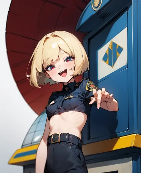 Police Officer,Blonde,Bob Hair, blue eyes,very small breasts
Background police box, open your mouth , Red eyes,  show your teeth and smile , 