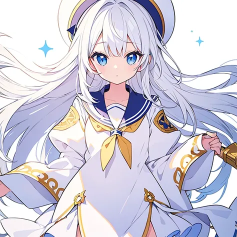 Pure white background、The selected figure、  white hat with gold decoration、Long white hair、Sailor&#39;   white uniform  