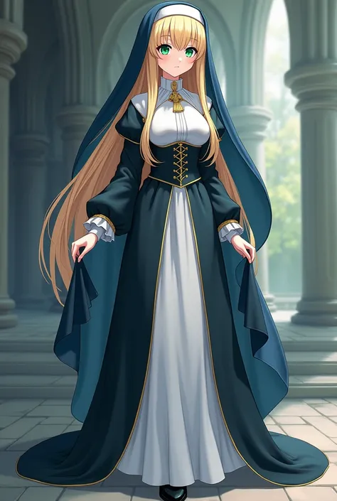 Beautiful young adult female anime nun very pretty elegant well-behaved and delicate hair very long straight soft blonde hair over eyes on shoulders and loose beautiful and shiny emerald green eyes delicate white skin soft delicate face very beautiful deli...