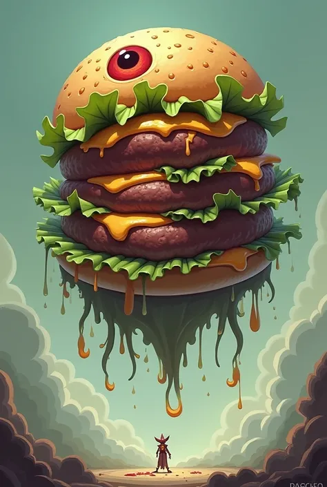 Generate a video game like character that is a monster burger with a lot of layers. Make it have one eye. Make it float. Make it 2d and low quality without shadowing. Make it look intimidating because it is a villian. Make it float with lettuce like tentic...